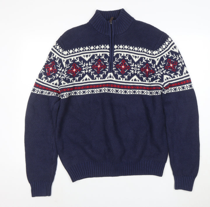 IZOD Men's Blue Fair Isle 1/4 Zip Jumper L/6 Cotton Blend Knit