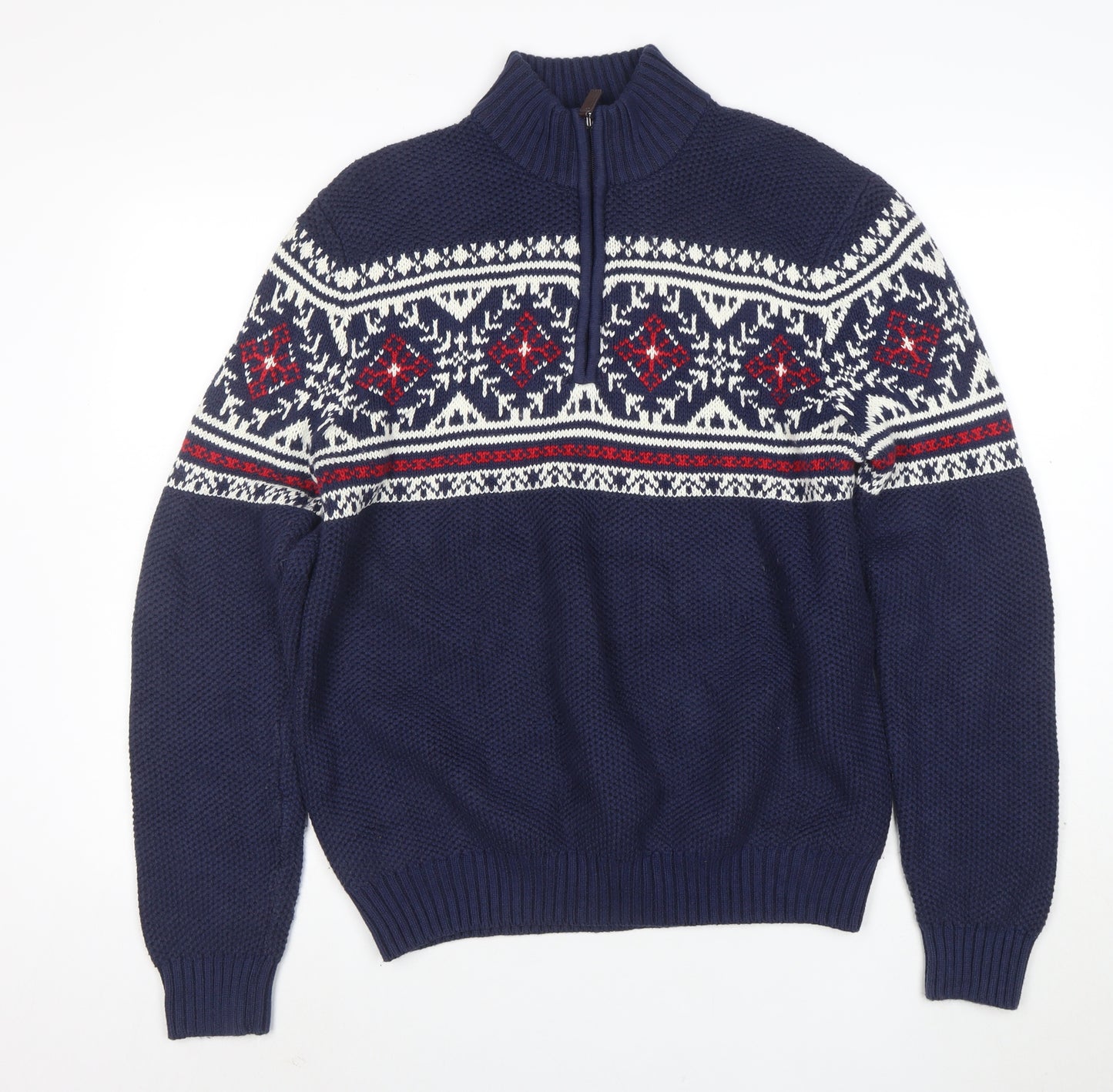 IZOD Men's Blue Fair Isle 1/4 Zip Jumper L/6 Cotton Blend Knit