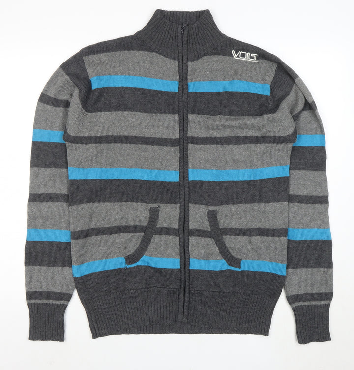 Voltage System Men's Grey Stripe Full Zip Cotton Jumper M