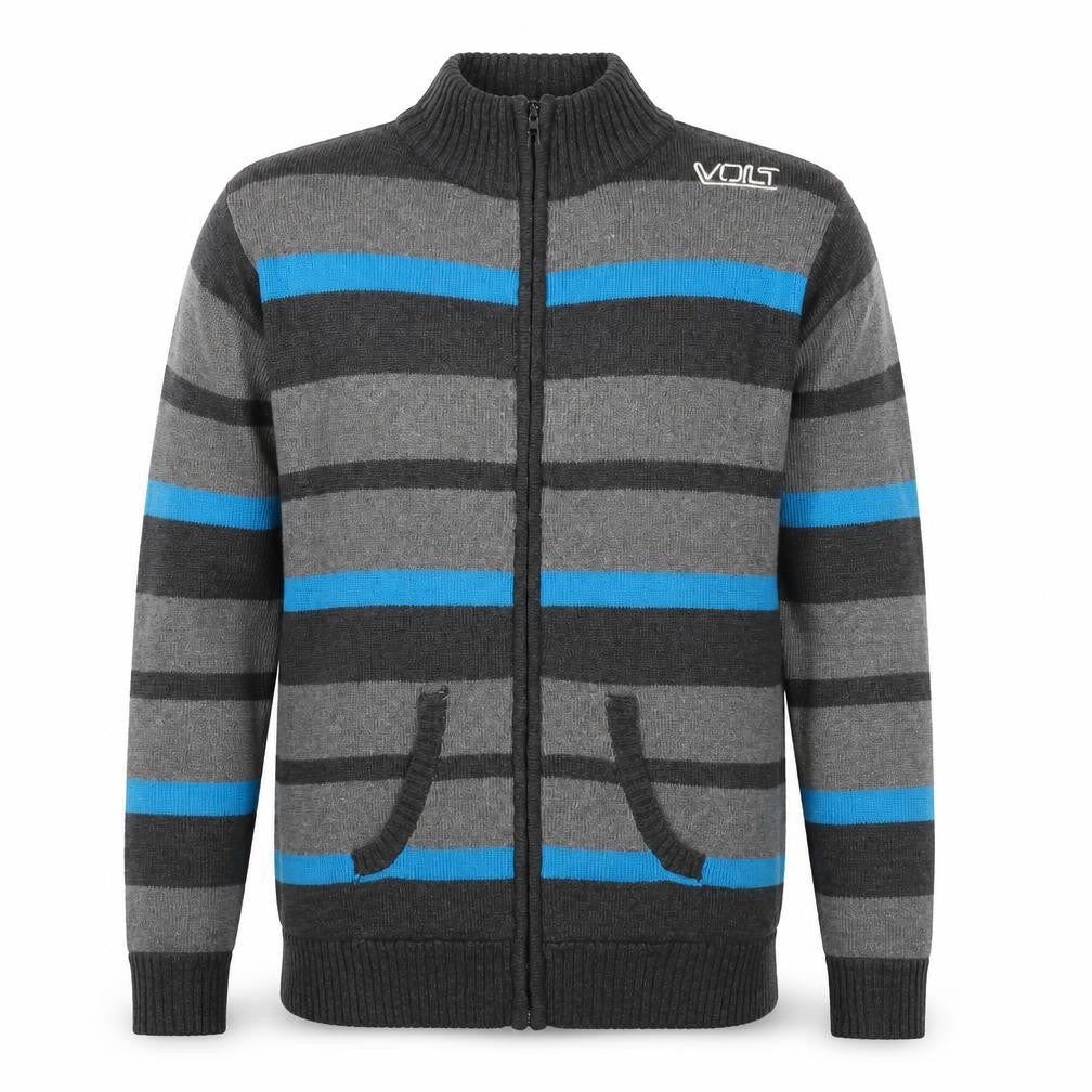 Front view of Voltage System Men's Grey Stripe Full Zip Cotton Jumper M