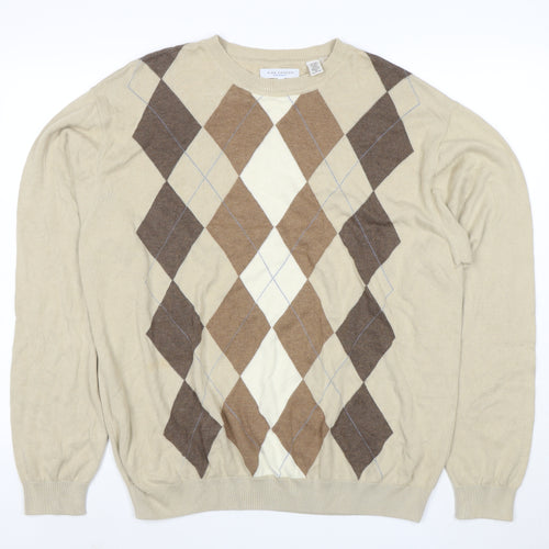 Alex Cannon Men Beige Argyle Crew Neck Cotton Jumper XL