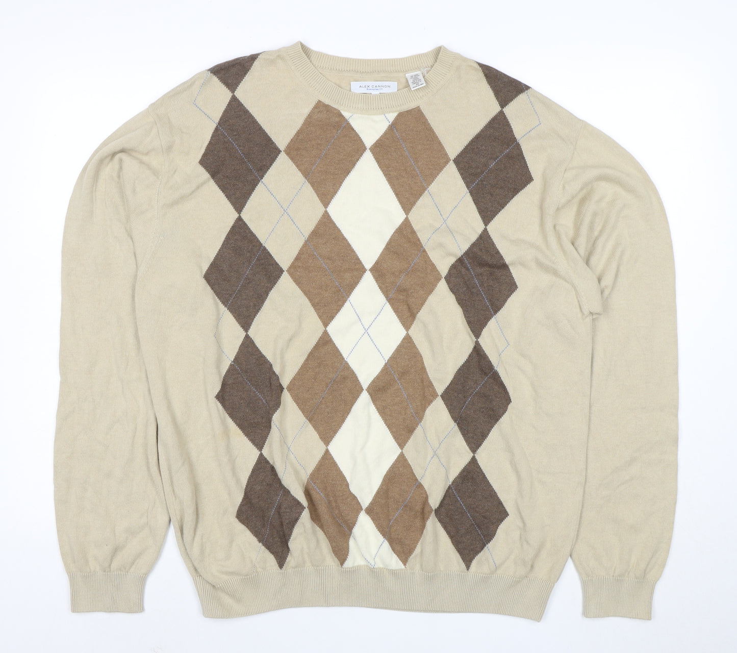 Alex Cannon Men Beige Argyle Crew Neck Cotton Jumper XL