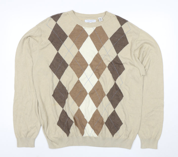 Alex Cannon Men Beige Argyle Crew Neck Cotton Jumper XL