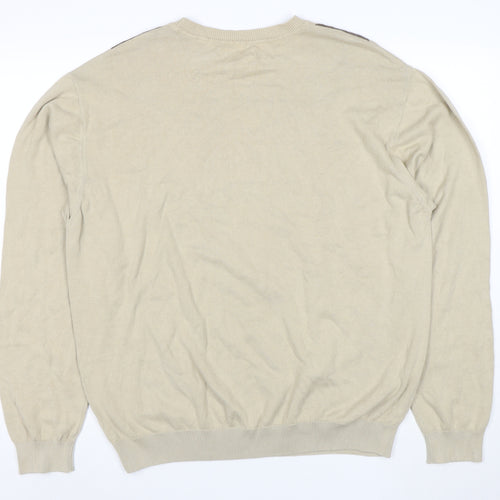 Alex Cannon Men Beige Argyle Crew Neck Cotton Jumper XL