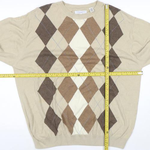 Alex Cannon Men Beige Argyle Crew Neck Cotton Jumper XL