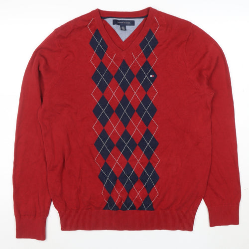 Tommy Hilfiger Men's Red Argyle V-Neck Cotton Jumper M