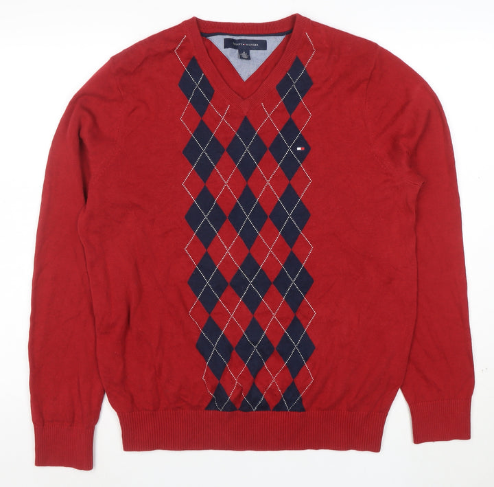 Tommy Hilfiger Men's Red Argyle V-Neck Cotton Jumper M