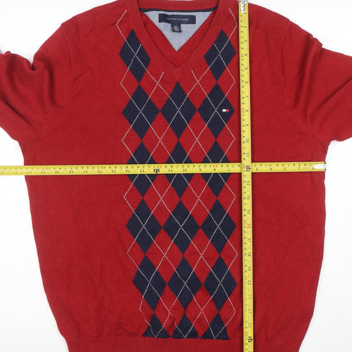 Tommy Hilfiger Men's Red Argyle V-Neck Cotton Jumper M