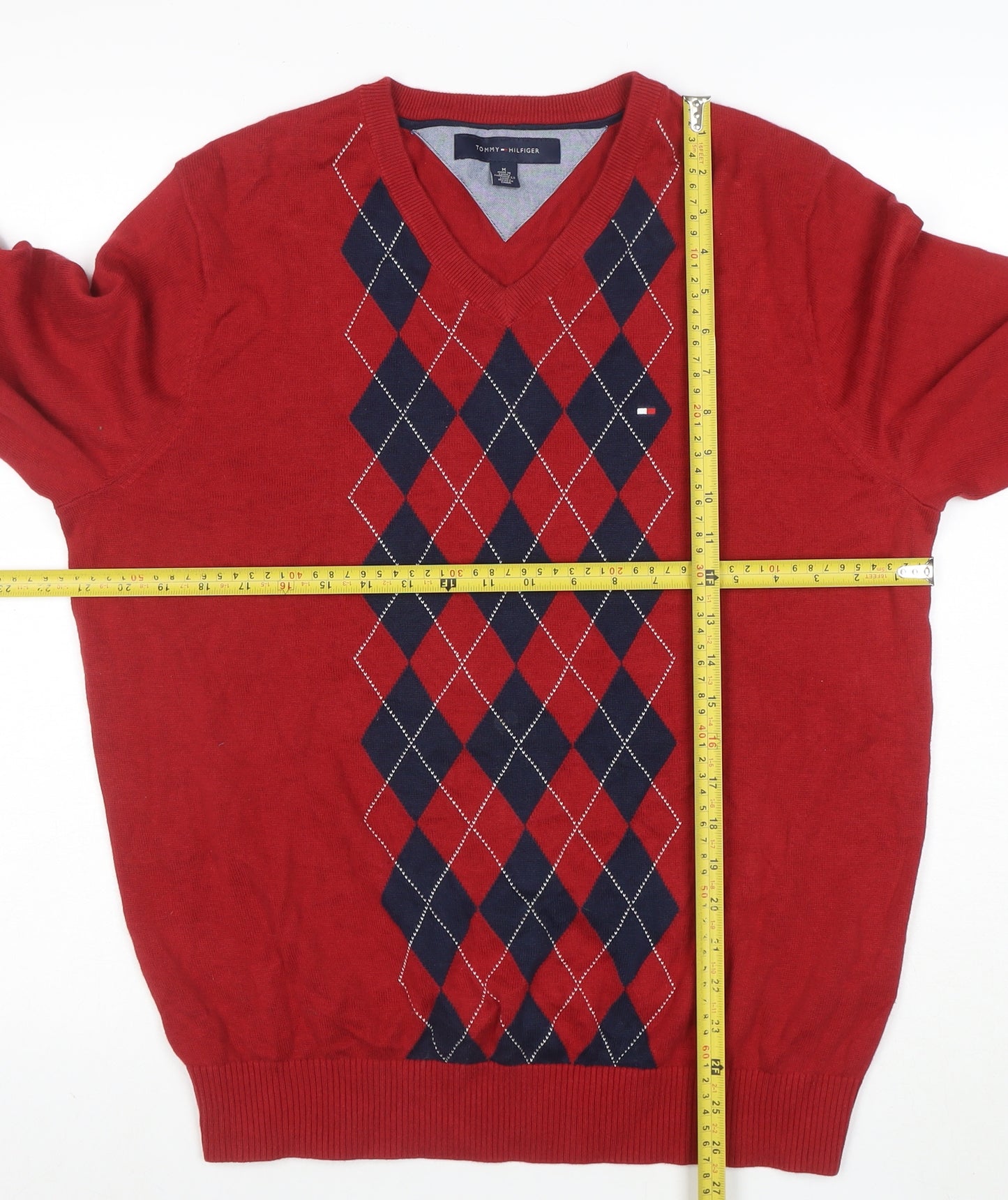 Tommy Hilfiger Men's Red Argyle V-Neck Cotton Jumper M