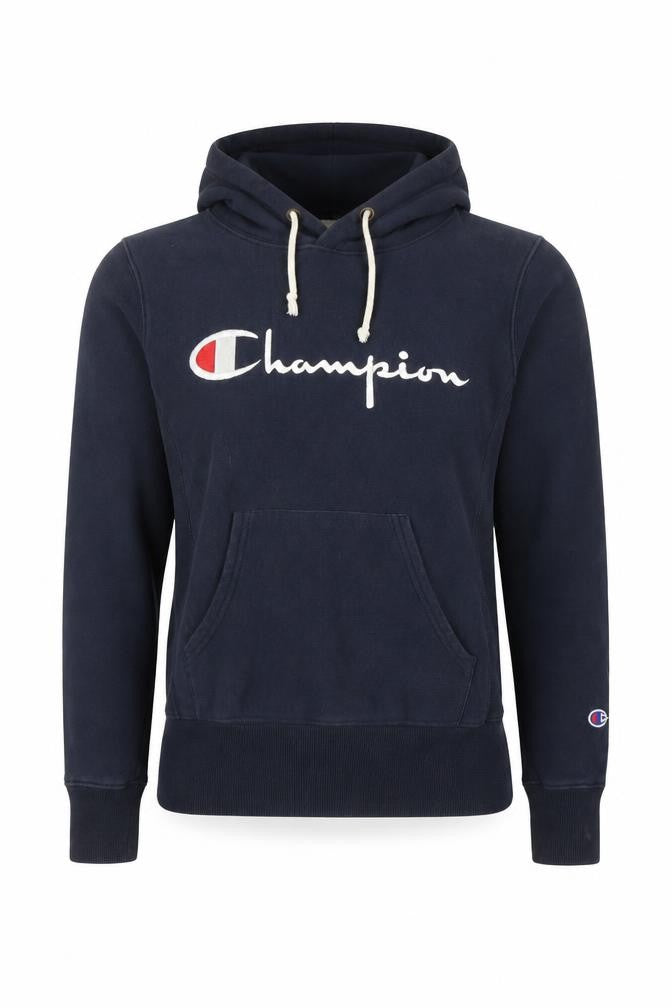 Front view of Champion Men's Blue Small Pullover Hoodie Reverse Weave Embroidered Logo