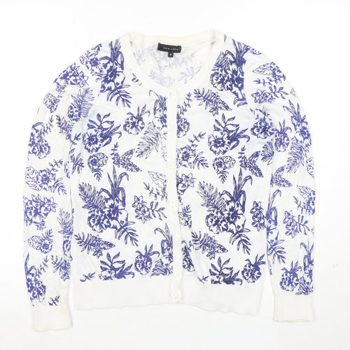 New Look Womens White Blue Floral Cardigan Size 12 Cotton Blend Knit