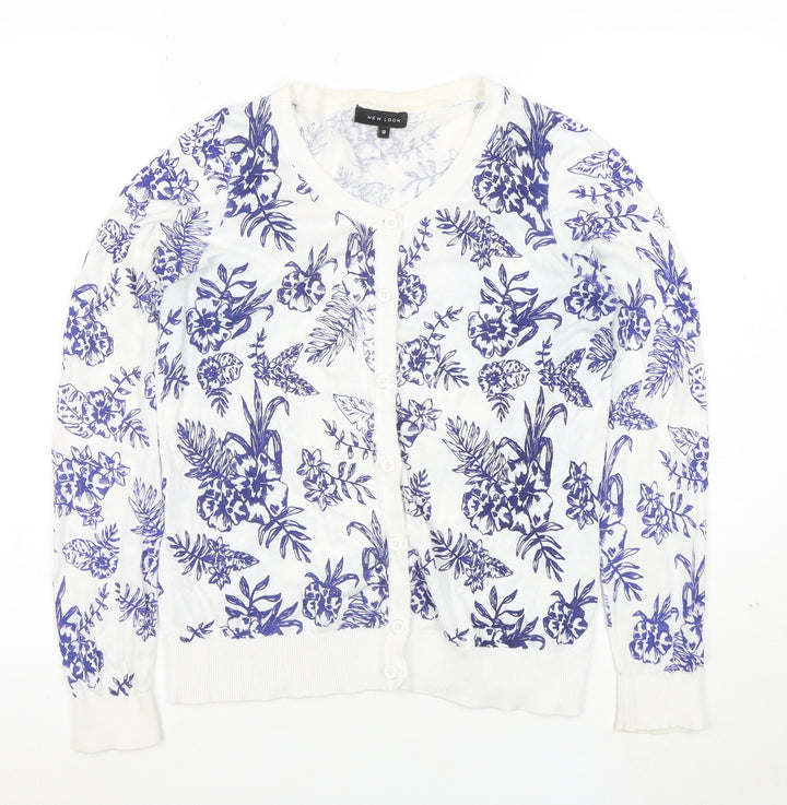 New Look Womens White Blue Floral Cardigan Size 12 Cotton Blend Knit