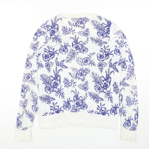 New Look Womens White Blue Floral Cardigan Size 12 Cotton Blend Knit