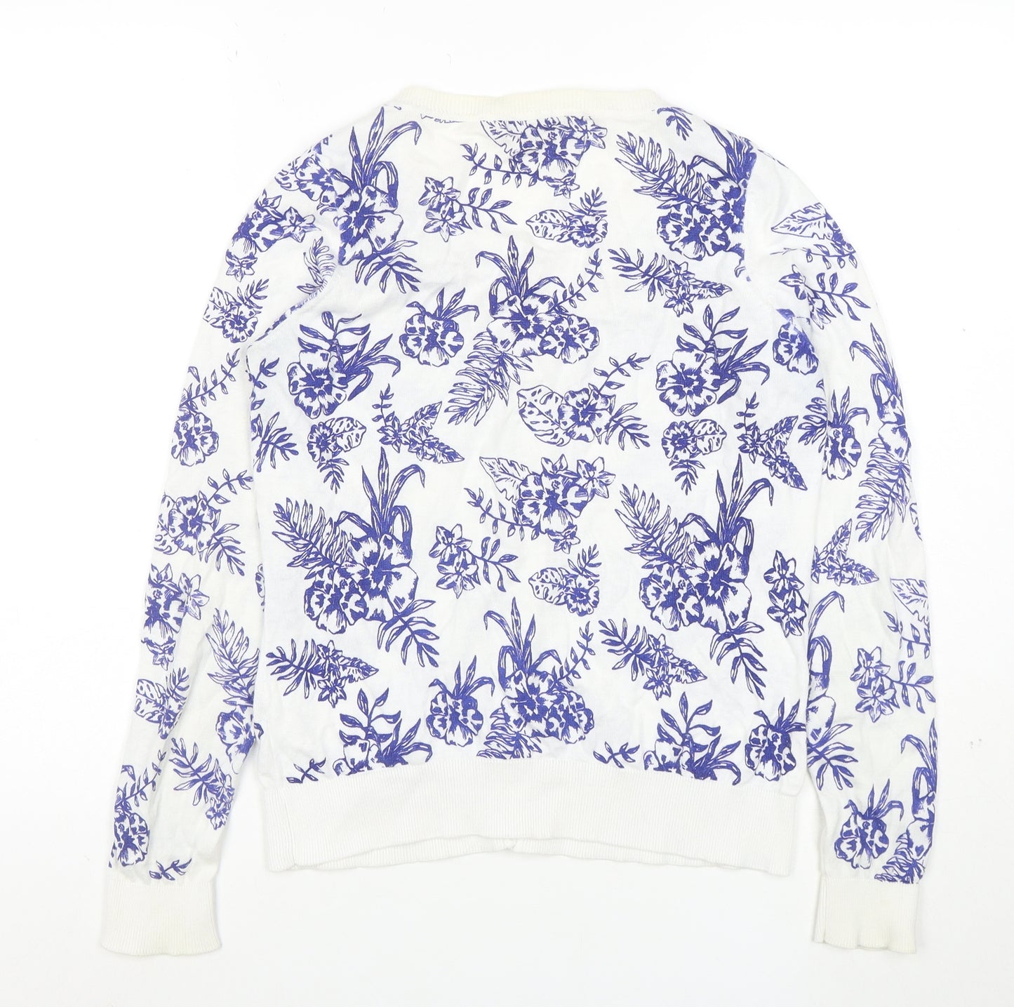 New Look Womens White Blue Floral Cardigan Size 12 Cotton Blend Knit