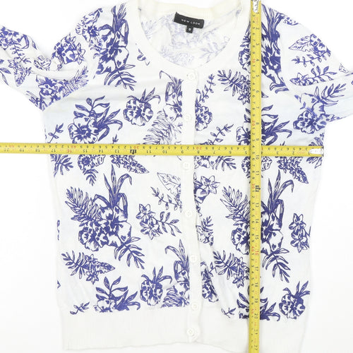 New Look Womens White Blue Floral Cardigan Size 12 Cotton Blend Knit