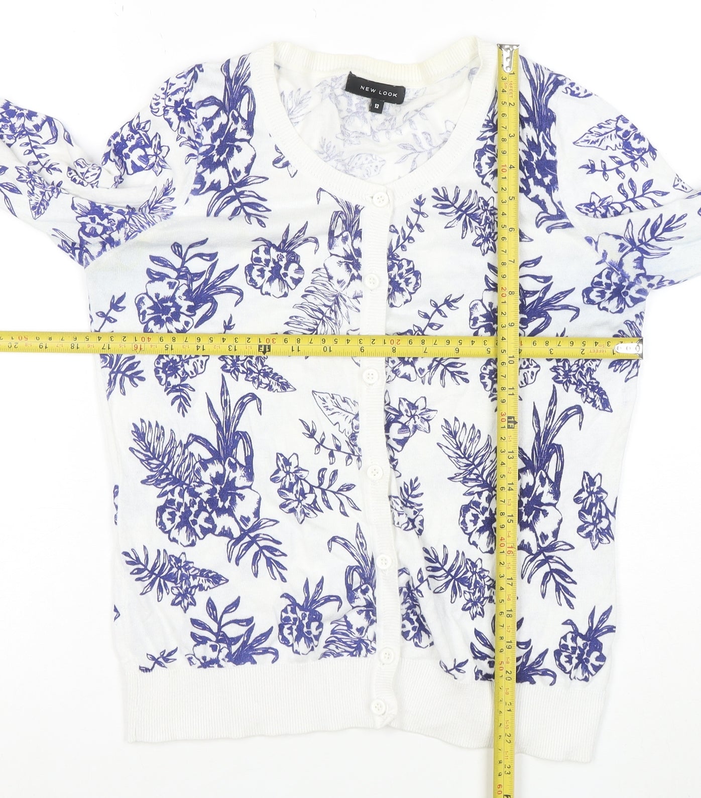 New Look Womens White Blue Floral Cardigan Size 12 Cotton Blend Knit