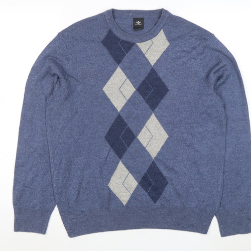 Dockers Men's Blue Argyle Crew Neck Acrylic Jumper Size M