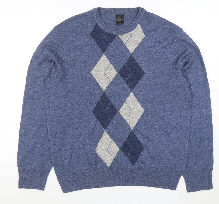Dockers Men's Blue Argyle Crew Neck Acrylic Jumper Size M