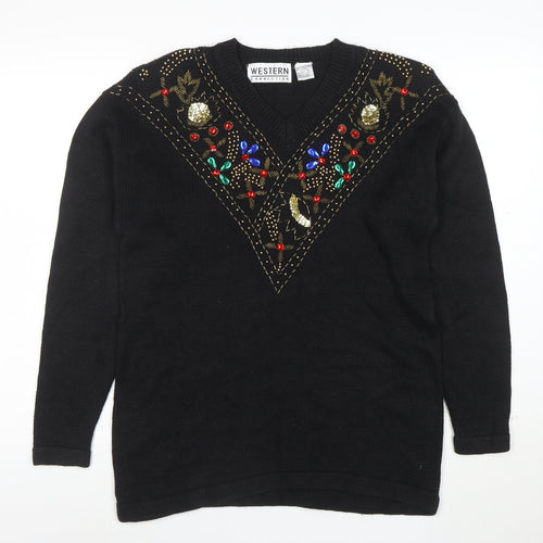 Western Connection Women's Black Beaded V-Neck Knit Jumper Size S