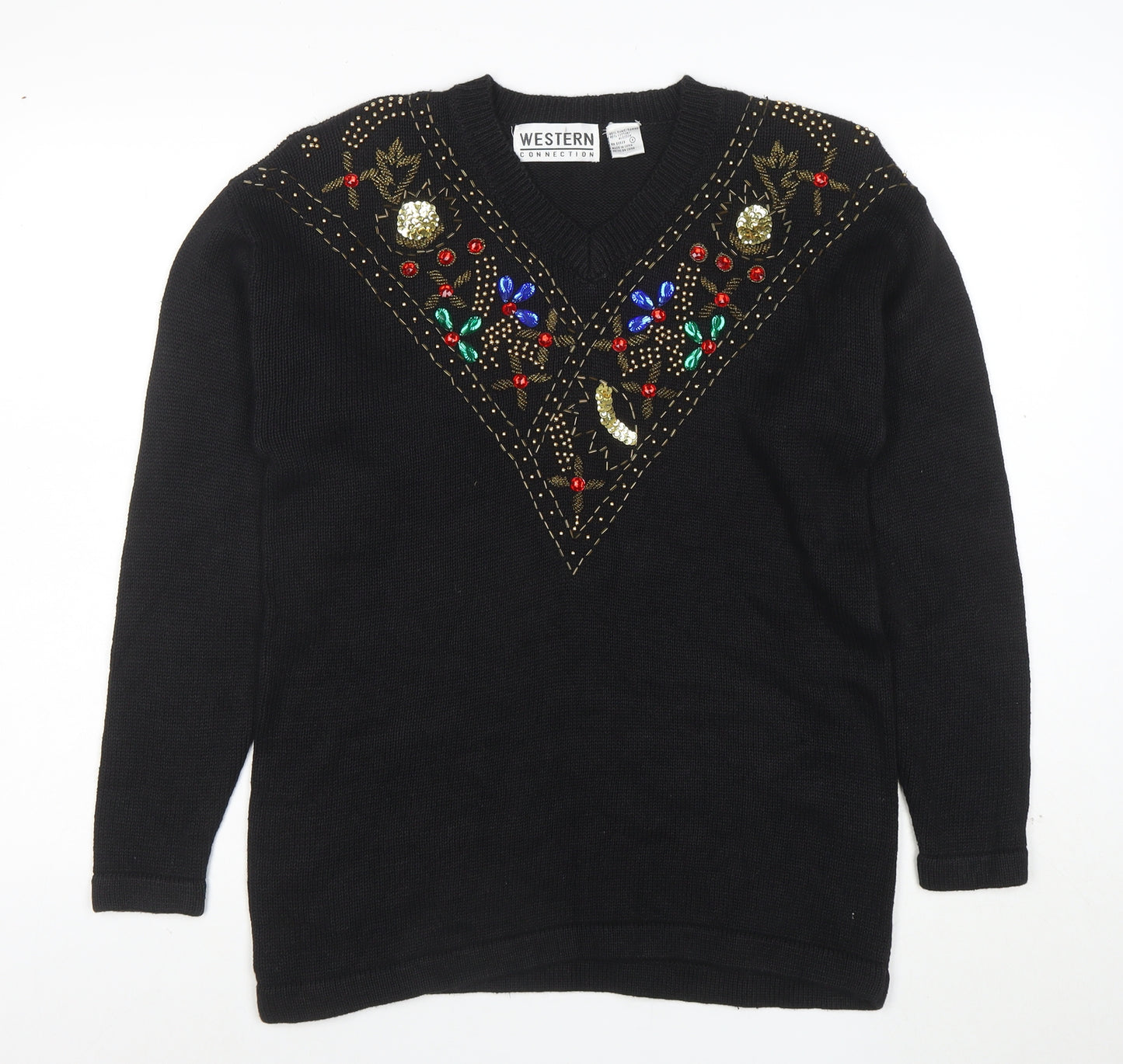 Western Connection Women's Black Beaded V-Neck Knit Jumper Size S