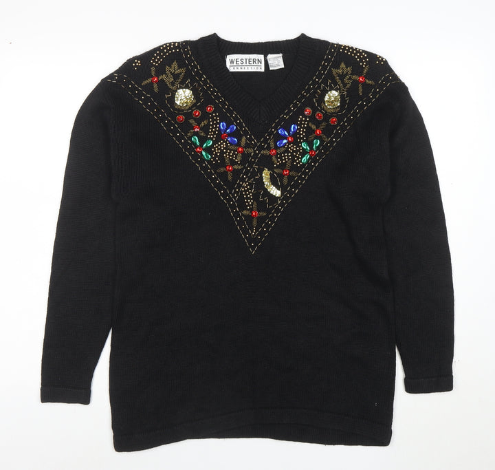 Western Connection Women's Black Beaded V-Neck Knit Jumper Size S