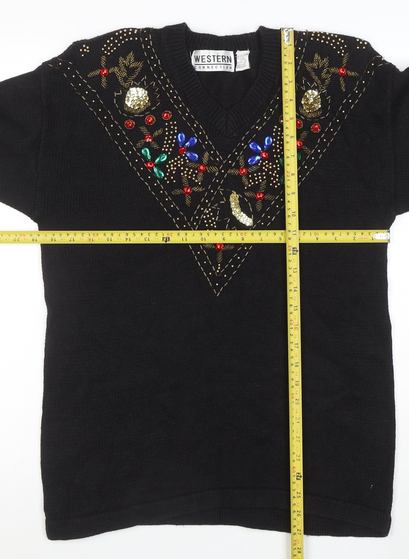 Western Connection Women's Black Beaded V-Neck Knit Jumper Size S