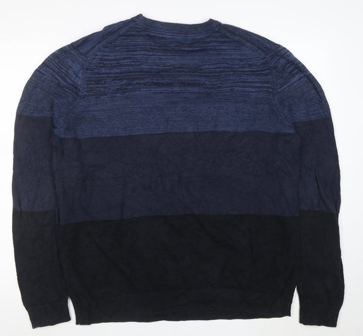 Straight Up Casual Dynamic Men's Blue Striped Cotton Pullover Jumper L