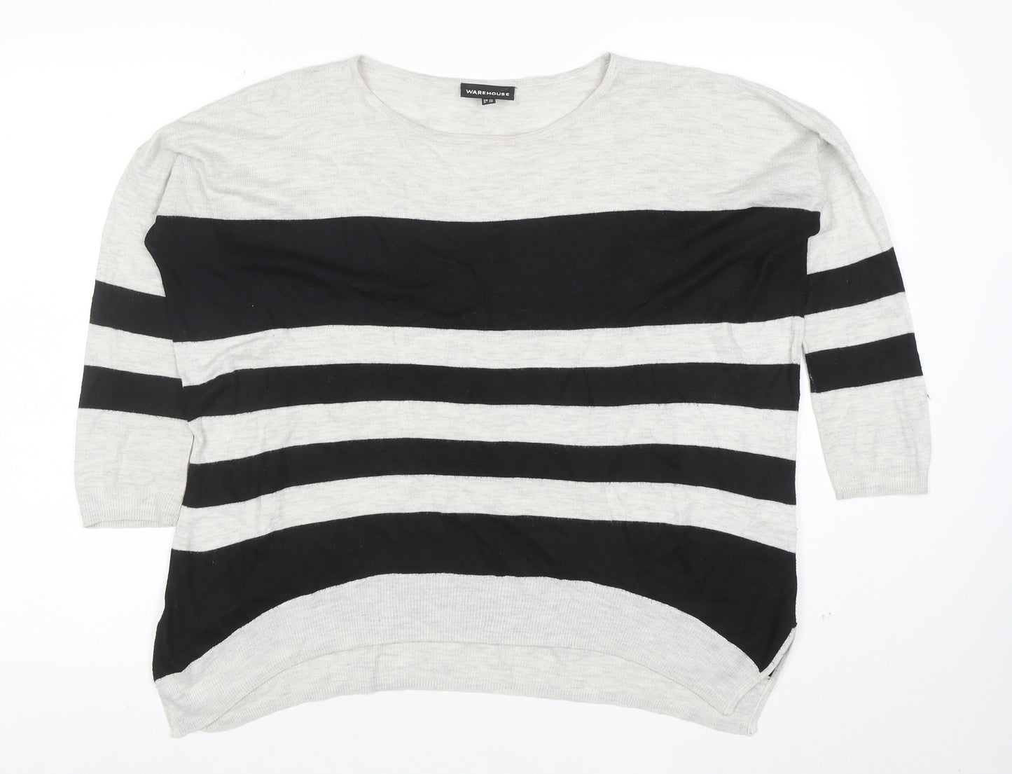 Warehouse Women Black Grey Striped Knit Top UK 12 Relaxed Fit