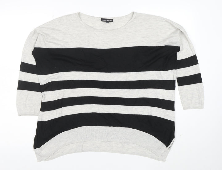 Warehouse Women Black Grey Striped Knit Top UK 12 Relaxed Fit