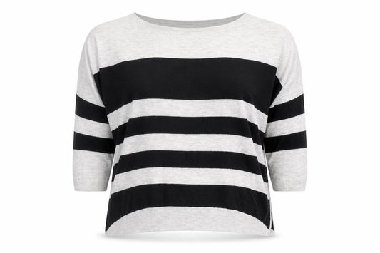 Front view of Warehouse Women Black Grey Striped Knit Top UK 12 Relaxed Fit