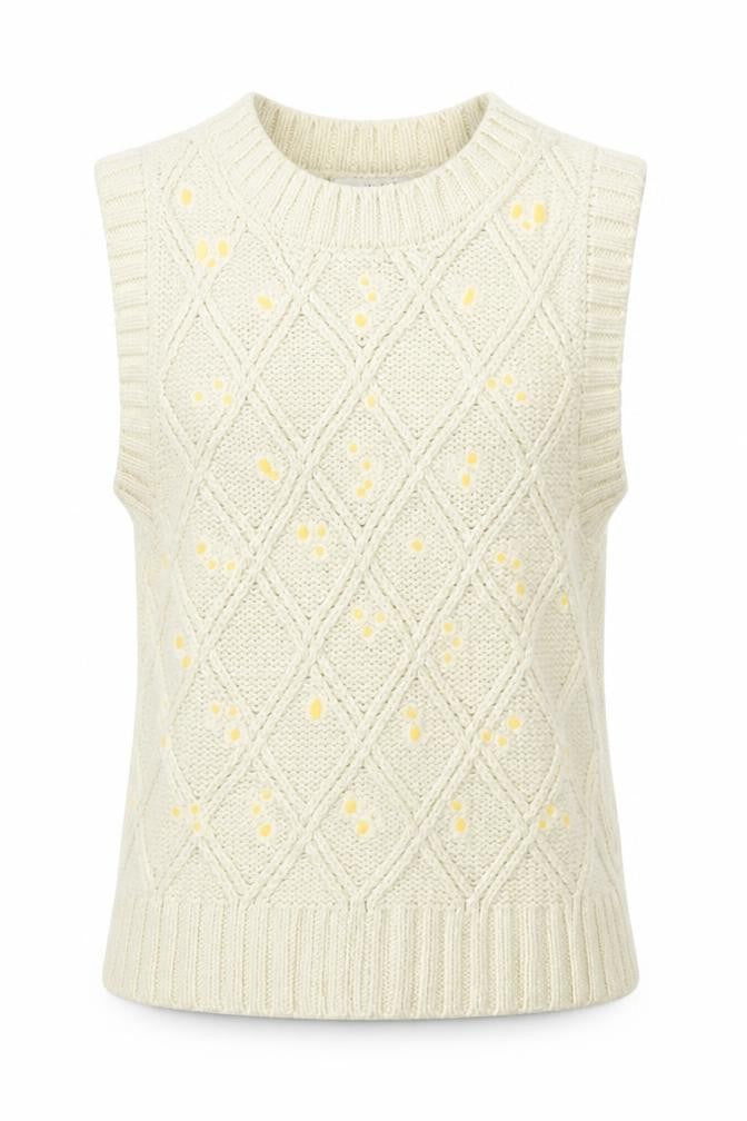 Front view of Monki Women's Ivory Cable-Knit Sleeveless Vest Jumper, size S