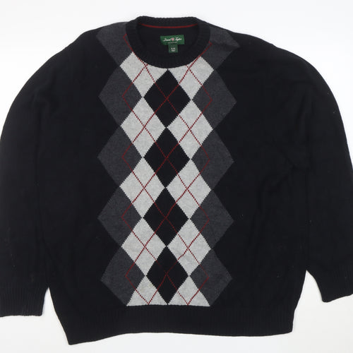 David Naylor Men's Black Argyle Crew Neck Cotton Jumper XL