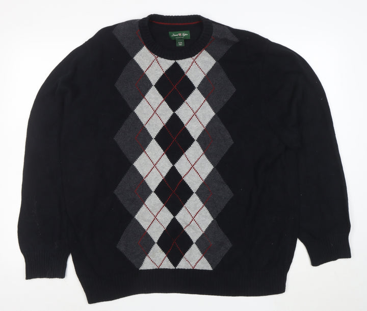 David Naylor Men's Black Argyle Crew Neck Cotton Jumper XL