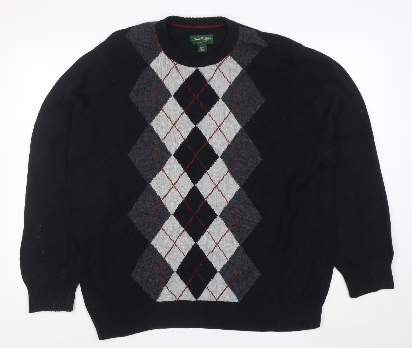 David Naylor Men's Black Argyle Crew Neck Cotton Jumper XL