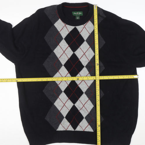 David Naylor Men's Black Argyle Crew Neck Cotton Jumper XL