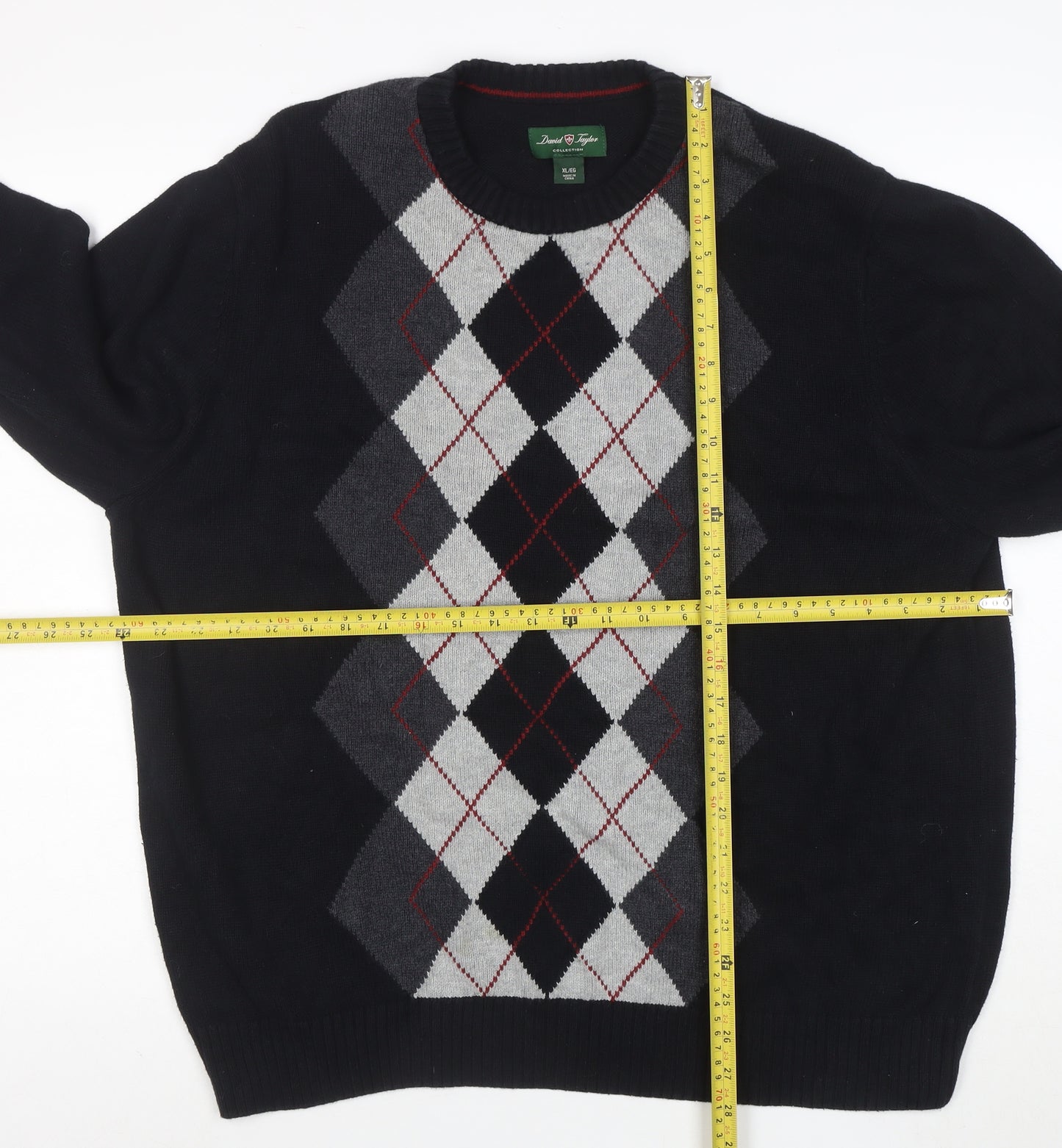 David Naylor Men's Black Argyle Crew Neck Cotton Jumper XL