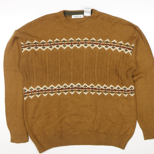 Claiborne Men's Brown Fair Isle Crew Neck Cable-Knit Jumper M