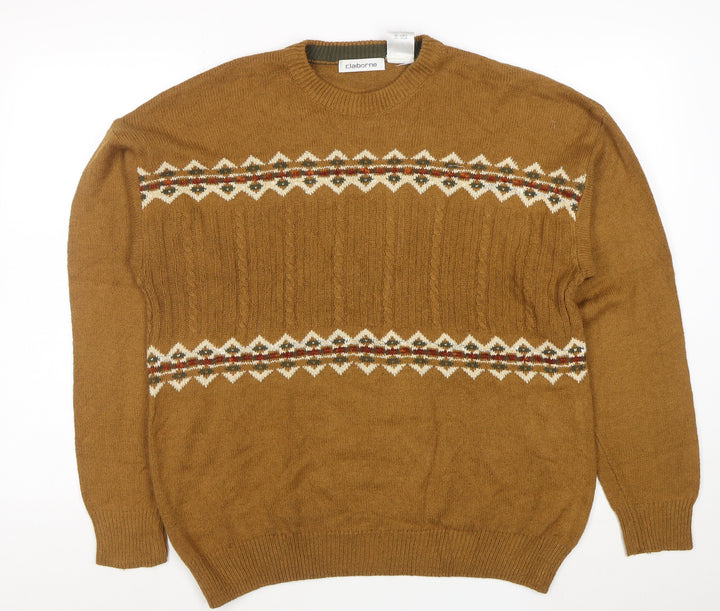 Claiborne Men's Brown Fair Isle Crew Neck Cable-Knit Jumper M