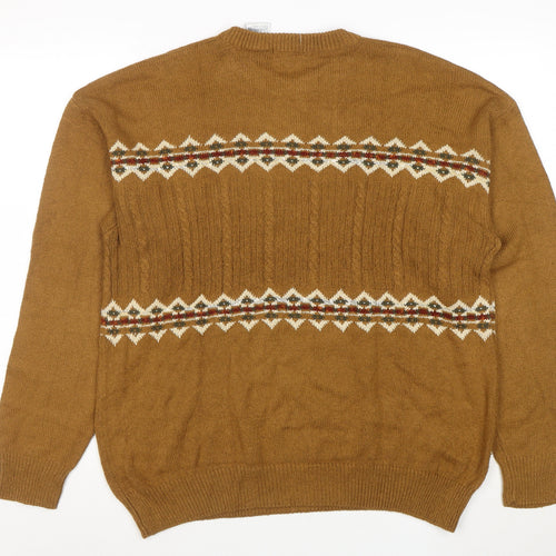 Claiborne Men's Brown Fair Isle Crew Neck Cable-Knit Jumper M