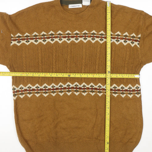 Claiborne Men's Brown Fair Isle Crew Neck Cable-Knit Jumper M
