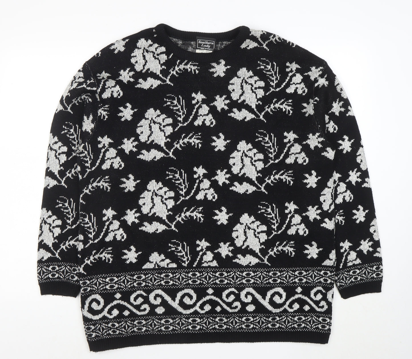 Southern Lady Womens Black Floral Knit Pullover Jumper Size L