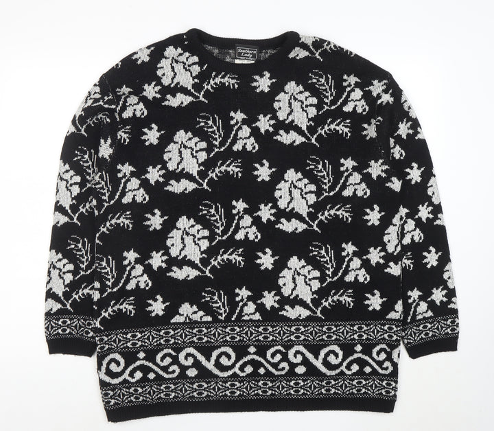 Southern Lady Womens Black Floral Knit Pullover Jumper Size L