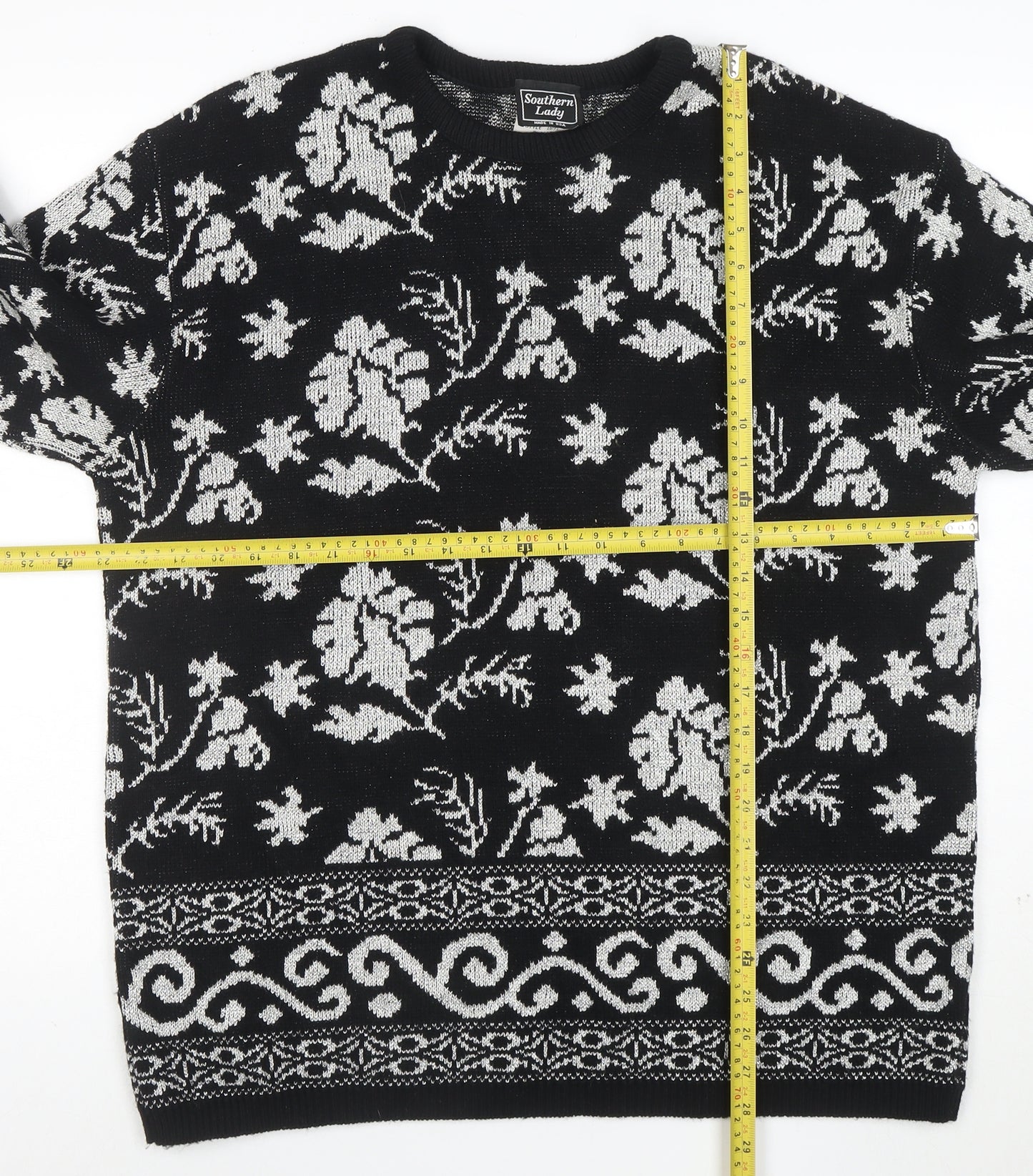 Southern Lady Womens Black Floral Knit Pullover Jumper Size L