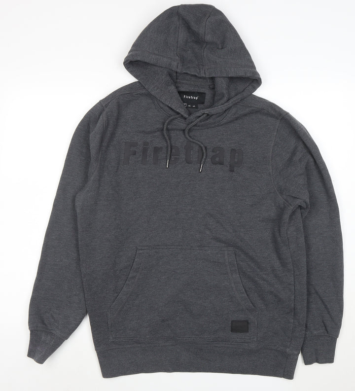 Firetrap Men's Grey Pullover Hoodie L Regular Fit Logo Design