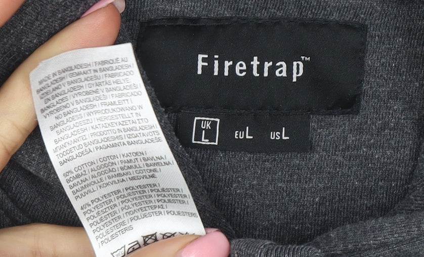 Firetrap Men's Grey Pullover Hoodie L Regular Fit Logo Design