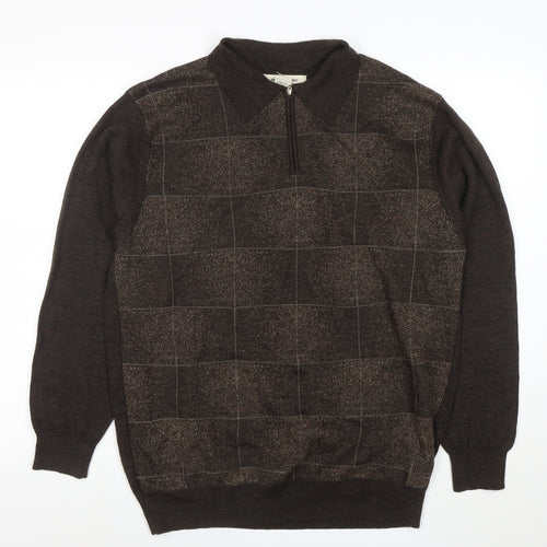 Pronto-Uomo Men's Brown L 1/4 Zip Collared Check Wool Blend Jumper