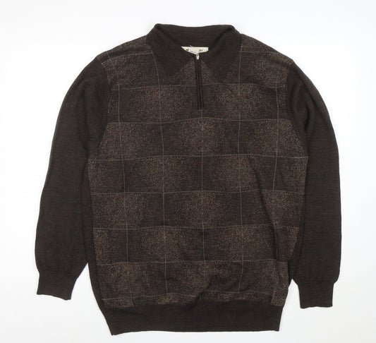 Pronto-Uomo Men's Brown L 1/4 Zip Collared Check Wool Blend Jumper