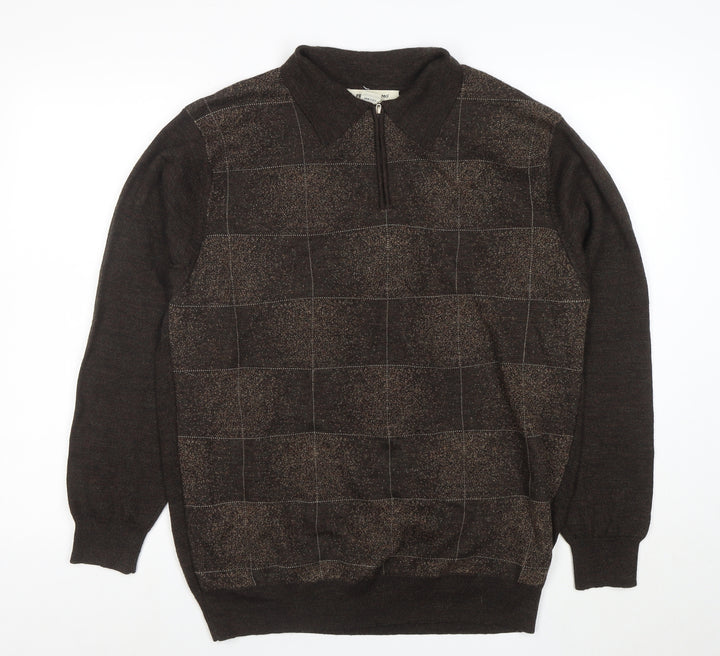 Pronto-Uomo Men's Brown L 1/4 Zip Collared Check Wool Blend Jumper