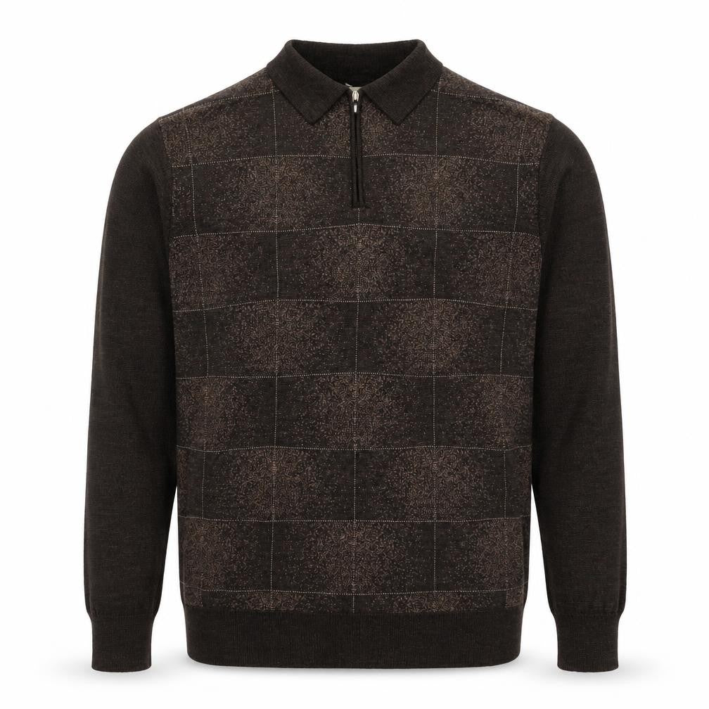 Front view of Pronto-Uomo Men's Brown L 1/4 Zip Collared Check Wool Blend Jumper