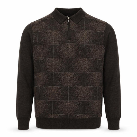 Front view of Pronto-Uomo Men's Brown L 1/4 Zip Collared Check Wool Blend Jumper